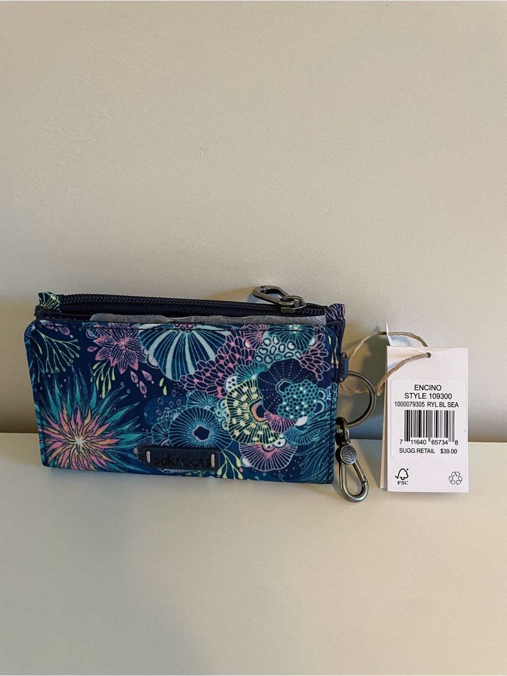NWT Sakroots Navy Sea Print Zip Card Wallet with Key Clip